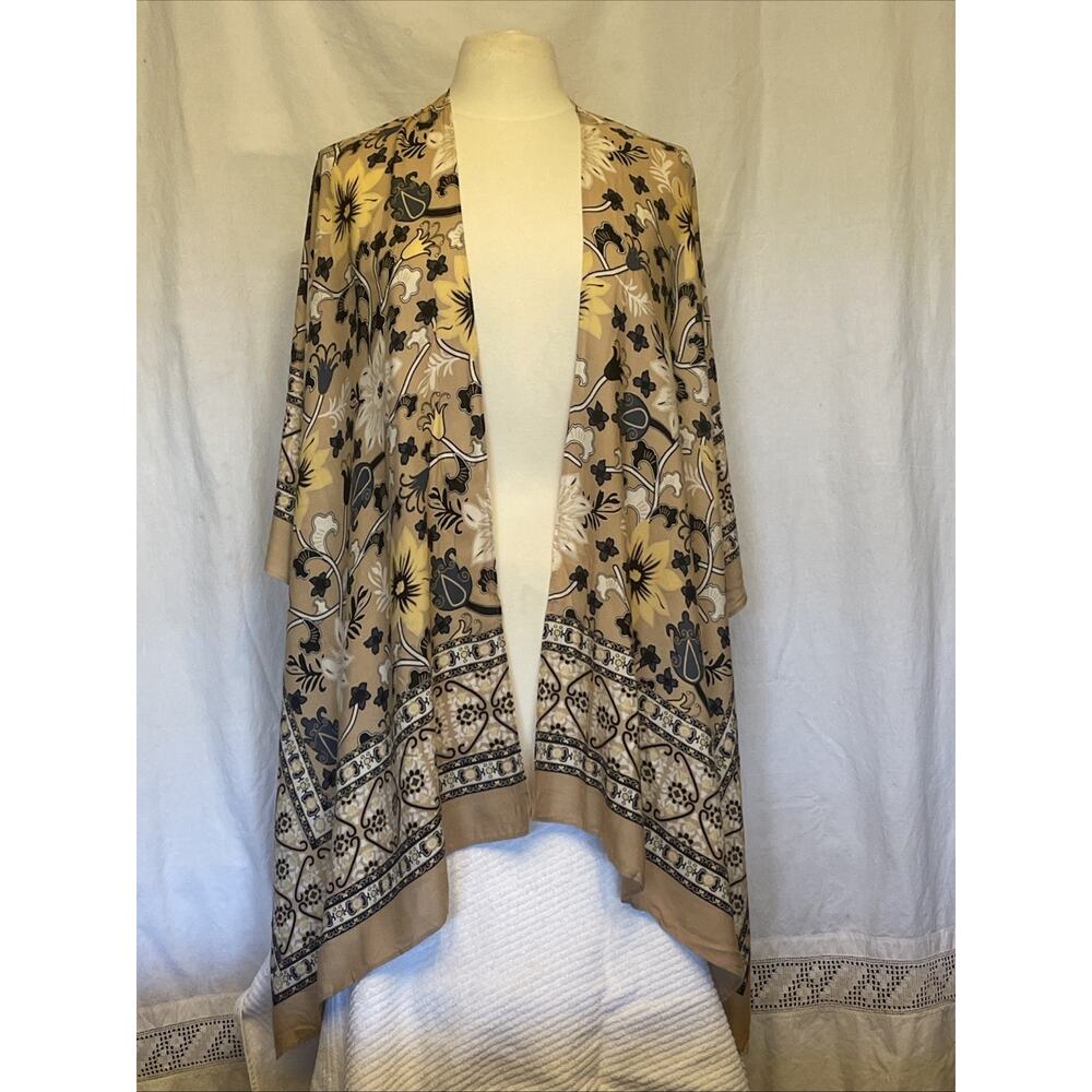 Boho Floral Kimono Ruana Wrap Long Draped Open Front Shawl Lightweight Tan EUC